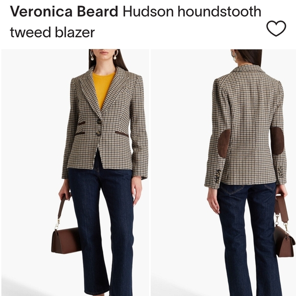 Veronica Beard Hudson Houndstooth Dickey Blazer Suede Elbows & Trim Sz 12 - Picture 2 of 16